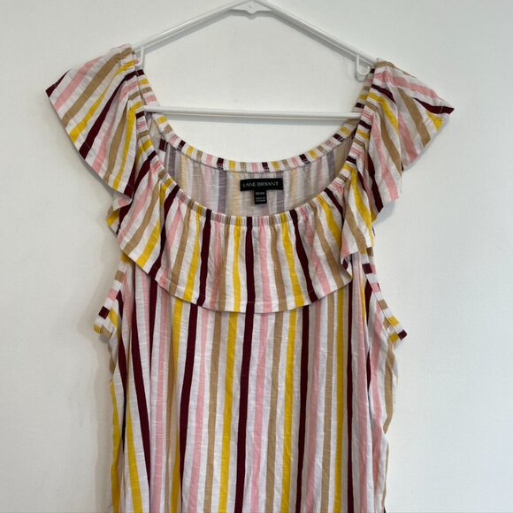 LANE BRYANT Plus Size Ruffle Edge Tank Top White Burgundy Pink Yellow Striped 3X - Picture 4 of 13